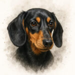 A Signature Splash realistic pet portrait of a dachshund