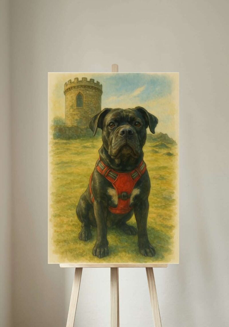 A fine art print of a Cane Corso with a tower in the background