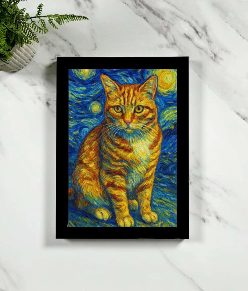 A Van Gogh style portrait of a cat in a black frame