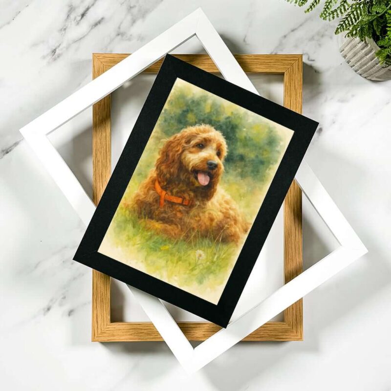 3 picture frames. The top one containing an image of a dog