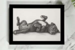 A framed pencil sketch portrait of a dog lying down