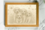 Matte print of a pencil sketch drawing of 4 puppies in a brown frame