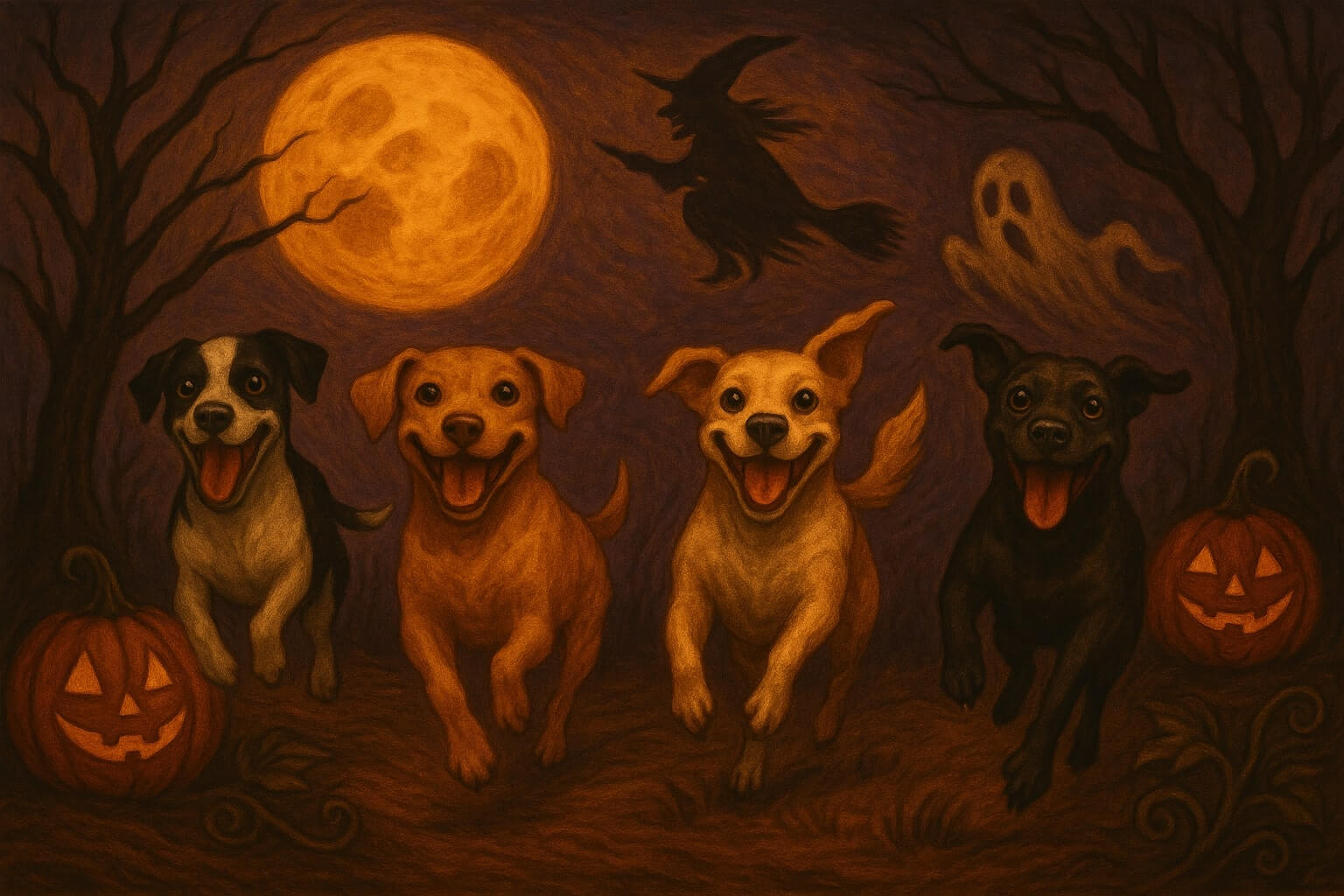 Halloween style image of dogs jumping