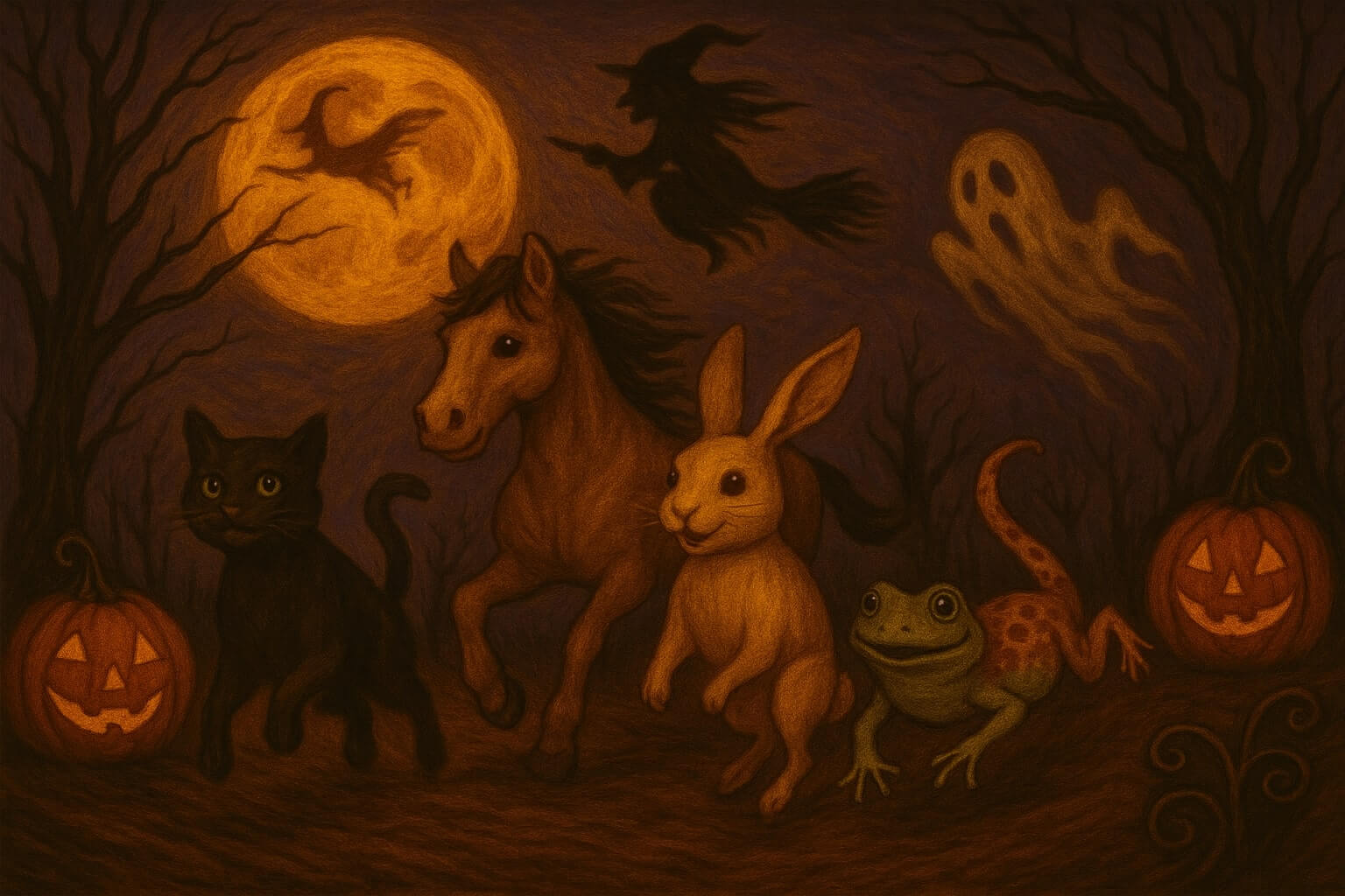 Halloween scene featuring cat, horse, lizard & frog