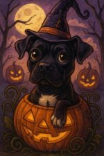 A cane corso sat in a pumpkin surrounded by Halloween imagery