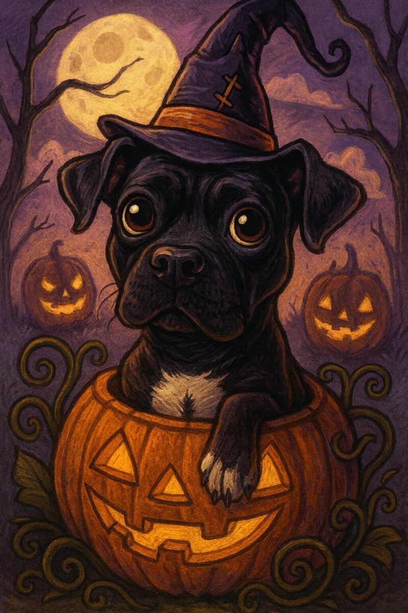 A cane corso sat in a pumpkin surrounded by Halloween imagery