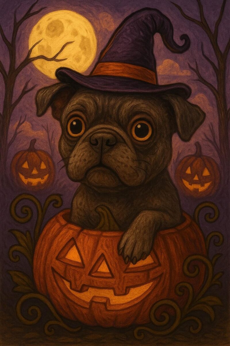 A French Bulldog sat in a pumpkin surrounded by Halloween imagery