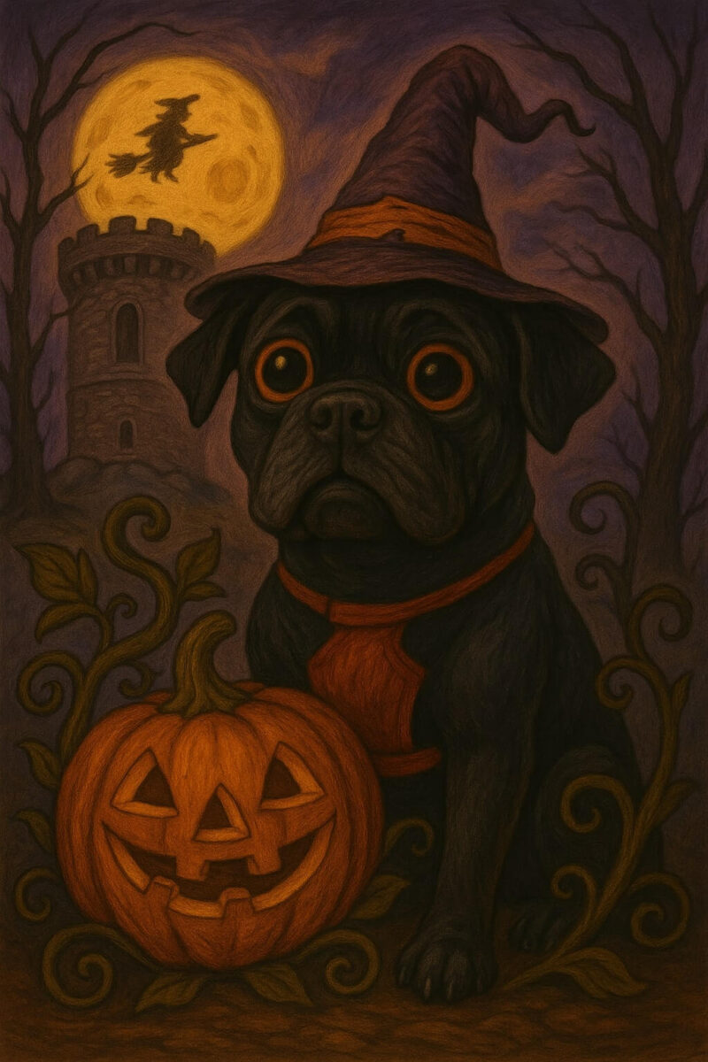 A cartoon of a cane corso sat near a pumpkin with a witch flying past the moon and a spooky tower in the background