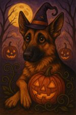 A German Shepherd sat in a pumpkin surrounded by Halloween imagery