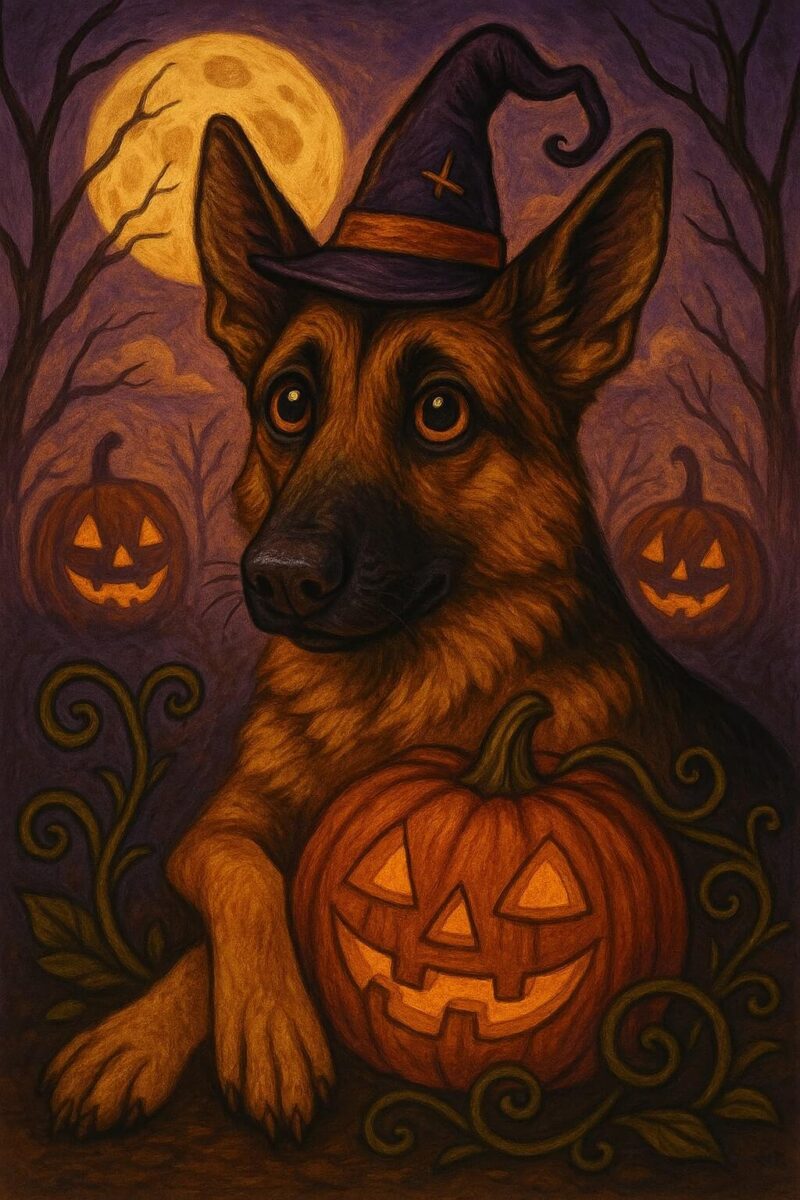 A German Shepherd sat in a pumpkin surrounded by Halloween imagery