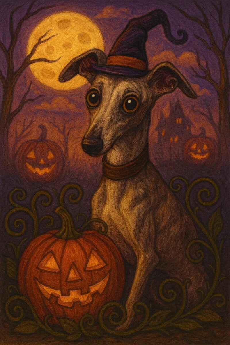 A Whippet sat near a pumpkin surrounded by Halloween imagery