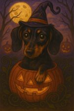 A Dachshund sat in a pumpkin surrounded by Halloween imagery