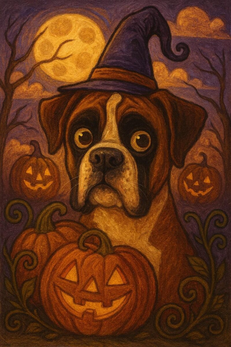 A Boxer dog sat in a pumpkin surrounded by Halloween imagery