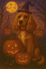 A Spaniel sat in a pumpkin surrounded by Halloween imagery