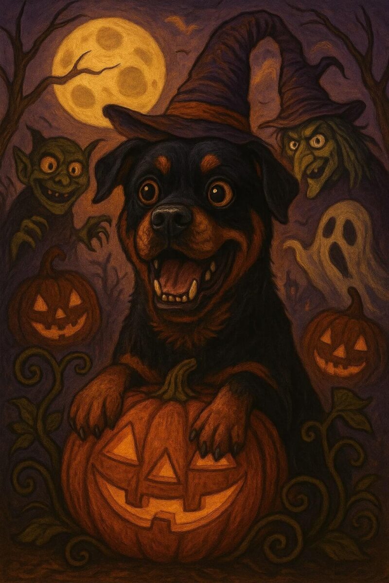 A cartoon Rottweiler sat in a pumpkin surrounded by Halloween imagery