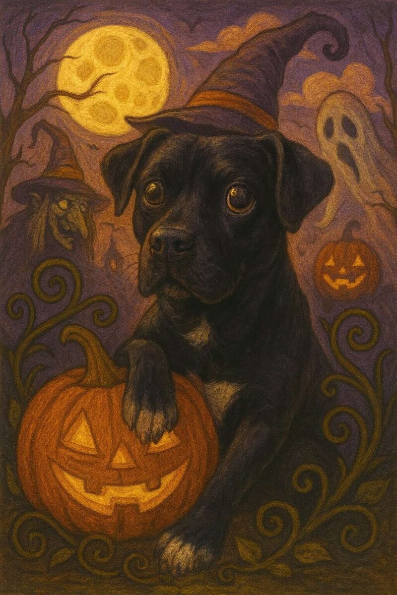 A cane corso sat near a pumpkin surrounded by Halloween imagery