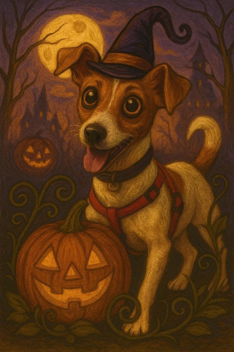A Jack Russel sat near a pumpkin surrounded by Halloween imagery