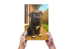 A print of a CGI style portrait of a Cane Corso held up by human hands