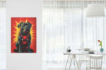 A bright room with a comic book print of a cane corso on the wall