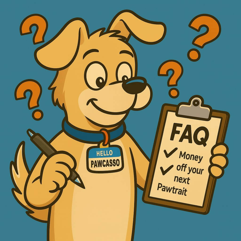 Pawcasso mascot cartoon dog holding a clipboard