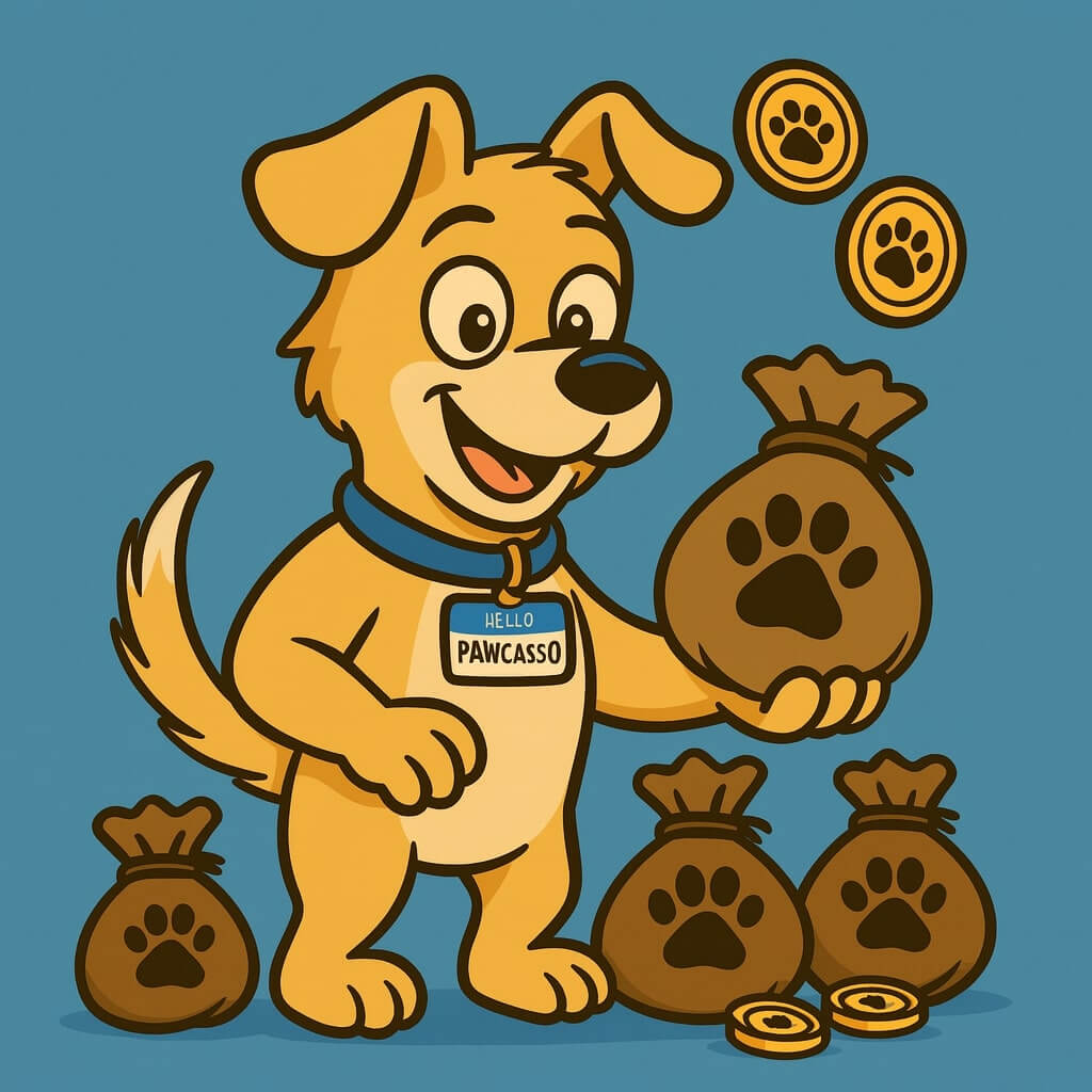 Pawcasso mascot cartoon dog holding a money bag containing a paw print