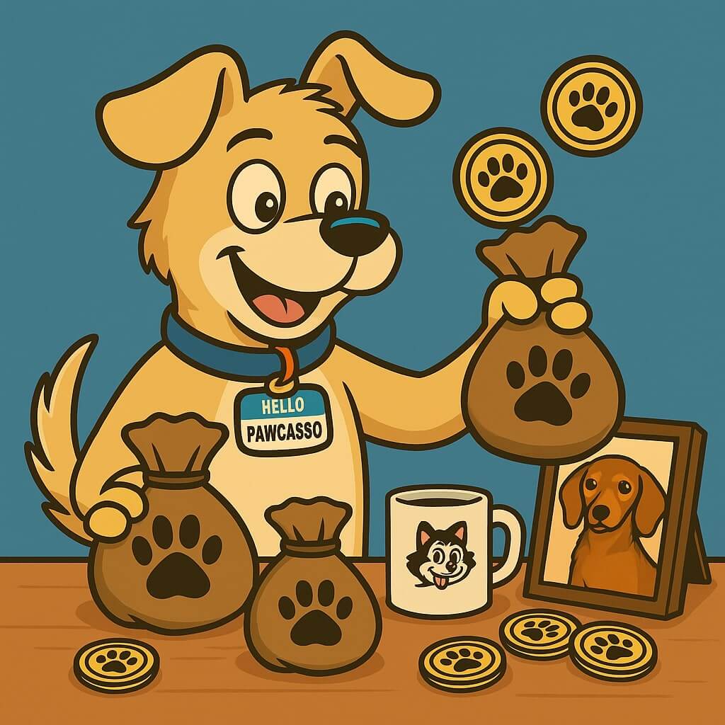 Pawcasso mascot cartoon dog holding a money bag containing a paw print surrounded by coins and pet merch