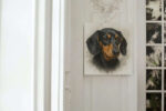 A room with a Square Signature Splash style portrait of a Dachshund hanging on the wall
