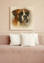 A room with a large Canvas print of a Boxer dog