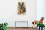 A clean bright room with a matt print of a German Shepherd on the wall