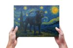 A print of a Van Gogh style painting of a cane corso being held up by human hands