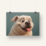 Matt print of a CGI style bulldog hanging in the air on a plain background
