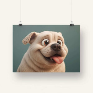 Matt print of a CGI style bulldog hanging in the air on a plain background
