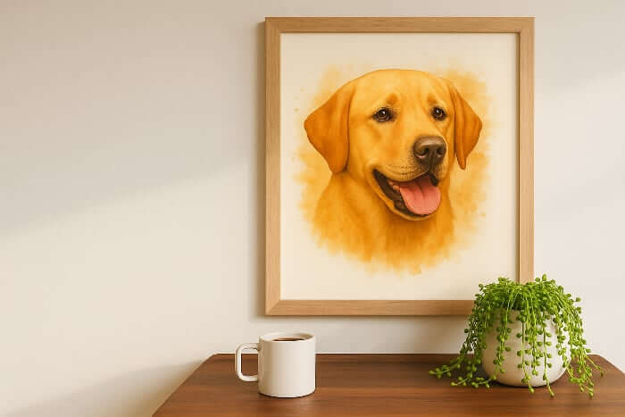 Framed golden retriever portrait displayed on a wooden table beside a coffee mug and green plant.
