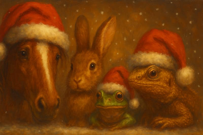 A horse, rabbit, frog and lizard in Santa hats