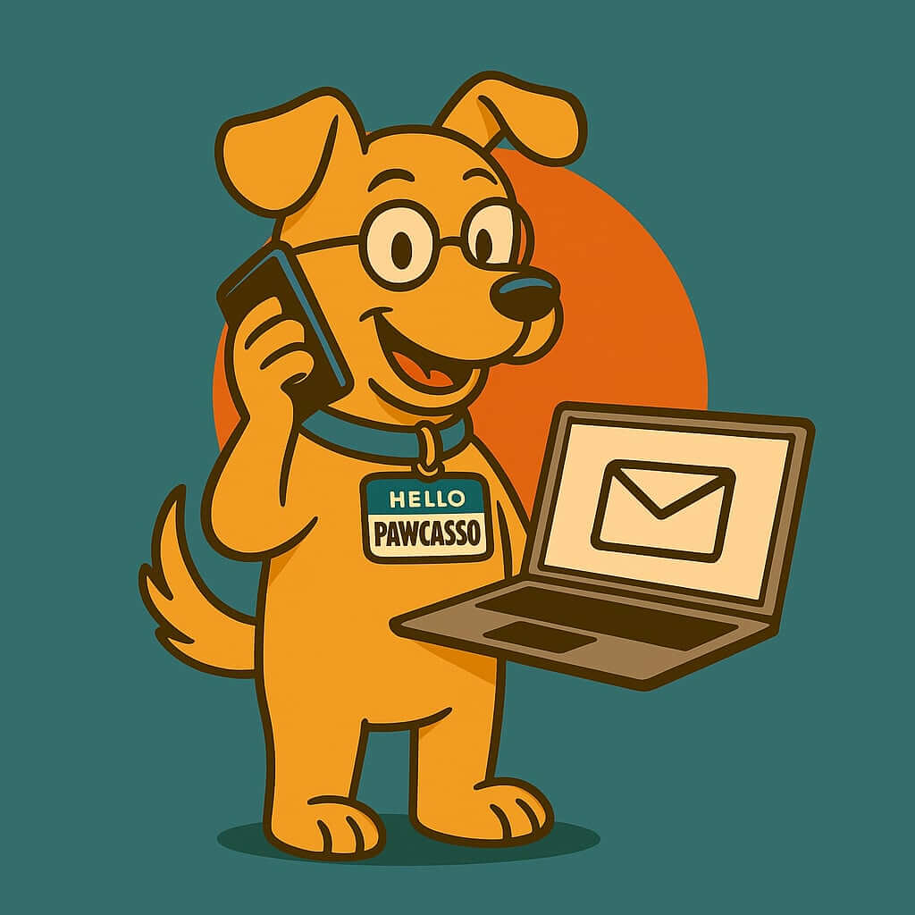Pawcasso mascot cartoon dog carrying a phone and laptop