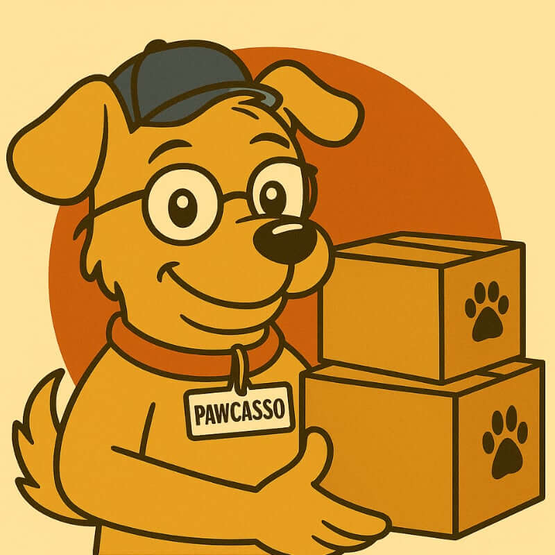 Pawcasso mascot cartoon dog carrying parcels