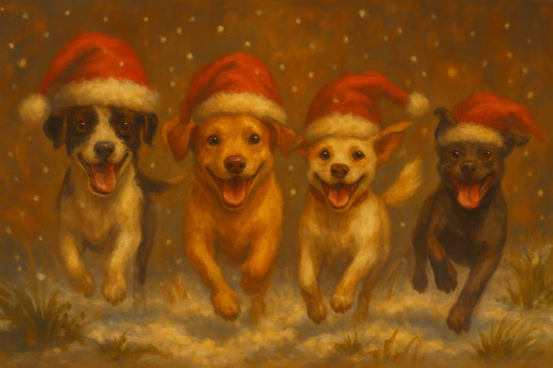 4 dogs jumping in Santa hats