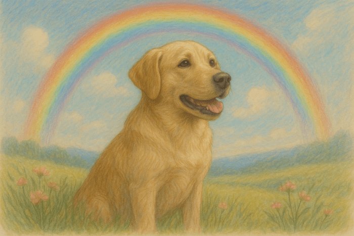 Soft pastel pet portrait of a golden retriever under a rainbow in a peaceful meadow.