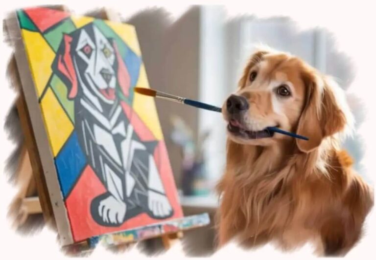 A realistic Golden Retriever dog painting a portrait of another dog in a cubist Picasso style.