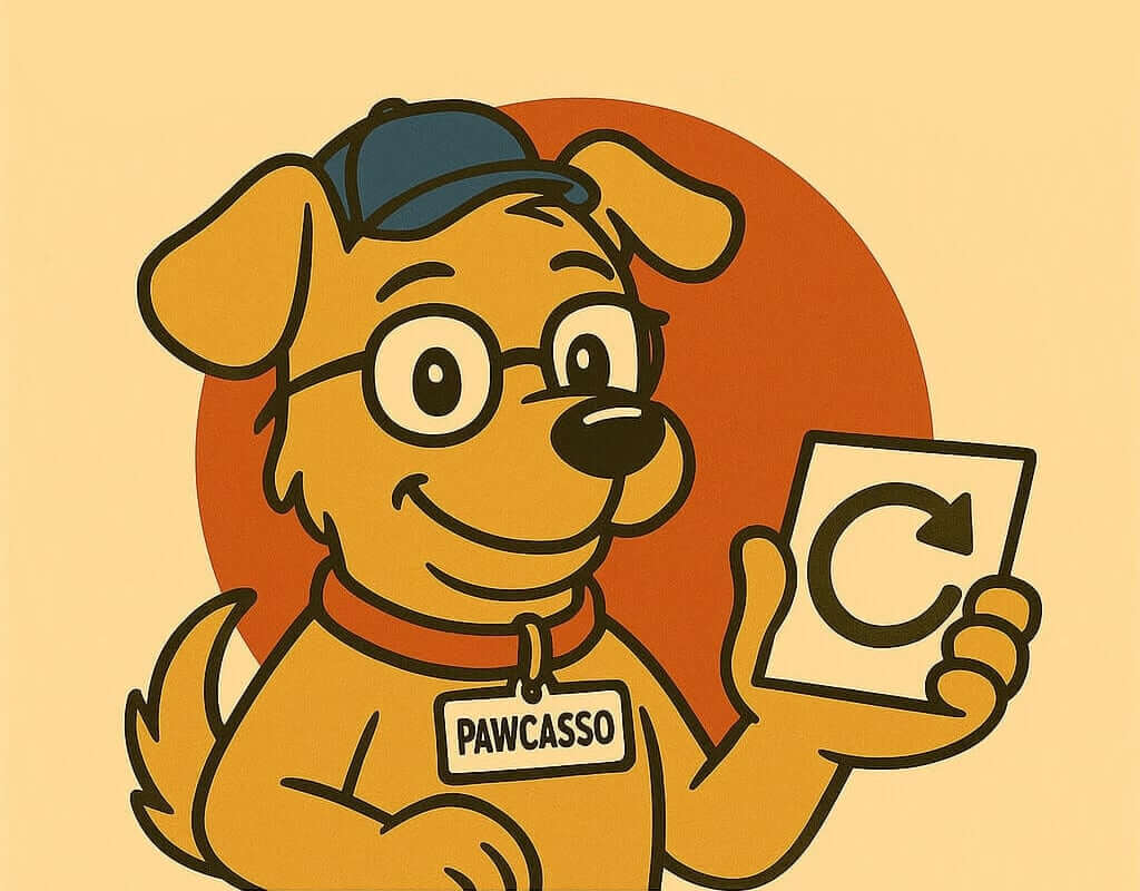 Pawcasso mascot cartoon dog carrying parcels