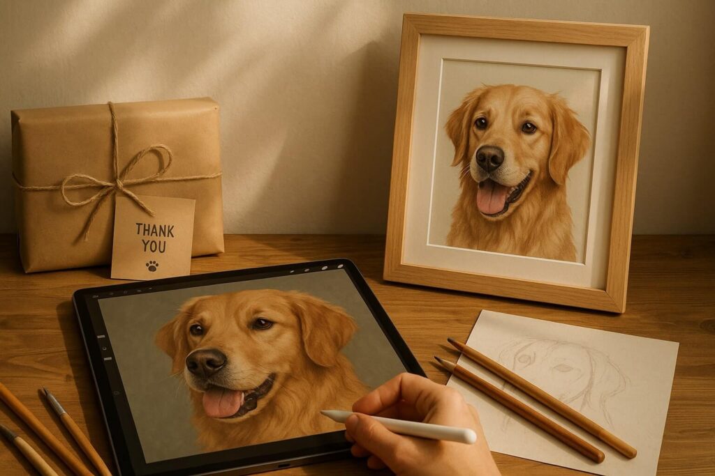 An photograph feating an iPad with an unfinished drawing of a golden retriever dog. Next to it a framed picture of the same dog, some pencils and a wrapped gift.