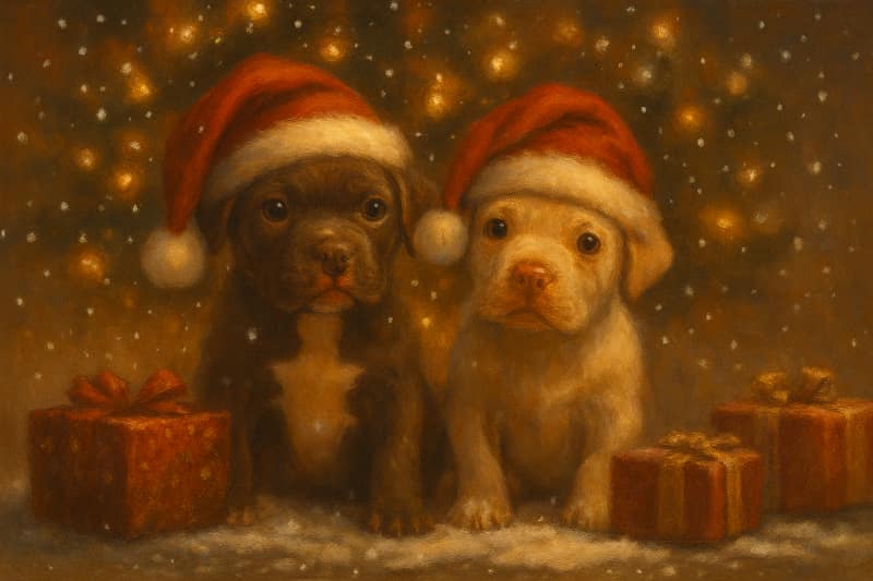 Two very cute dogs in Santa hats